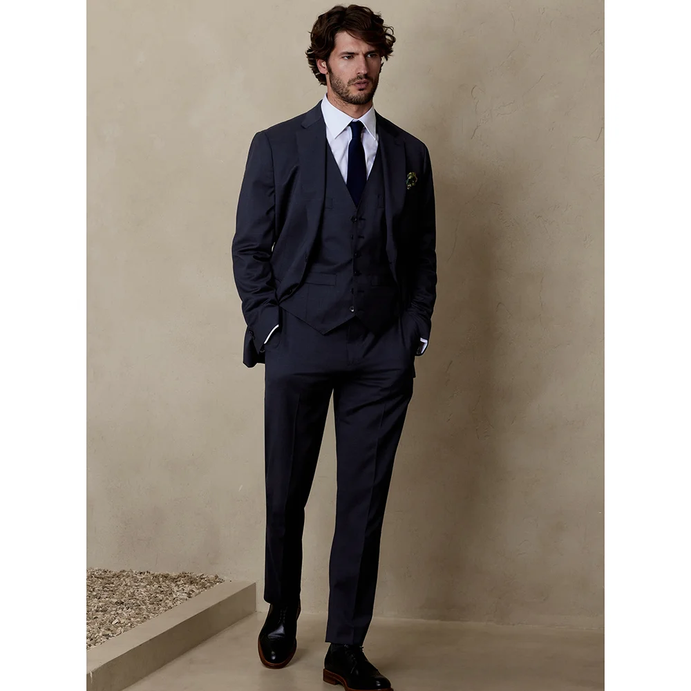 

Summer Navy Blue Men Suits 3 Piece (Blazer+Vest+Pants) Chic Peak Lapel Single Breasted Clothing Smart Casual Wedding Tuxedo Slim