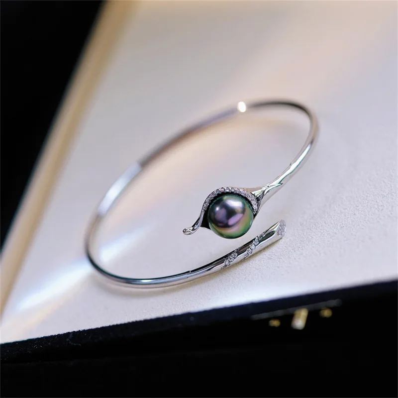 

AAAA+++ Huge 9-10mm 10-11mm Round tahitian black pearl silver plated Silver Simple Double Bead Elastic Bracelet Elastic opening
