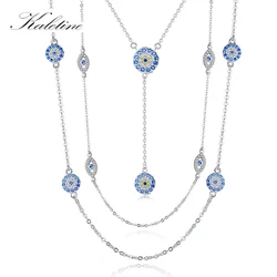 KALETINE 925 Sterling Silver Necklace Earrings Women Round Luck Evil Eye Ring Necklaces Blue Zircon Long Link Turkey Jewelry Set