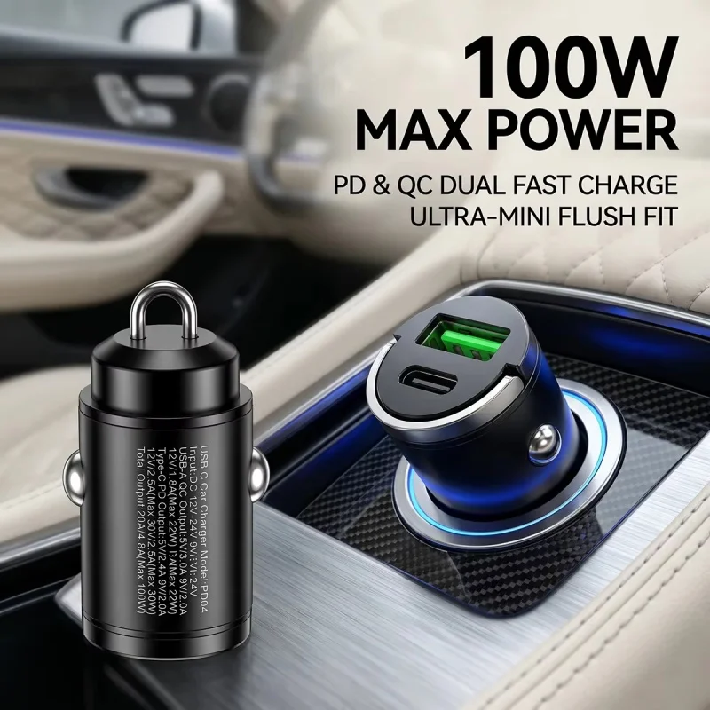 2026 100W mini car charger fast charging for iPhone QC3.0 mini PD USB Type C car mobile phone charger for Xiaomi Samsung Huawei