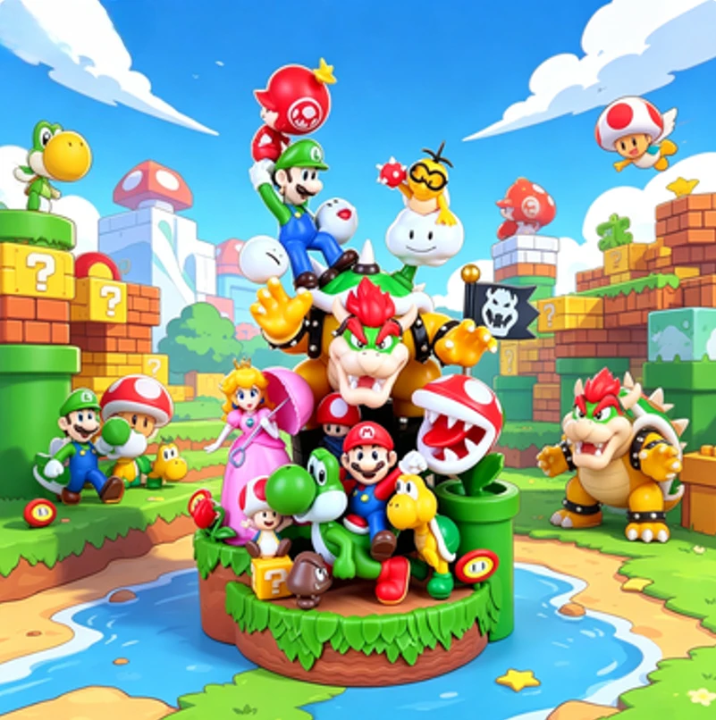

2026 New 28cm Marios Figures Model Ornaments Luigi Bowser Yoshi Bowser Scene Combination Toys Room Decoration Birthday Gifts