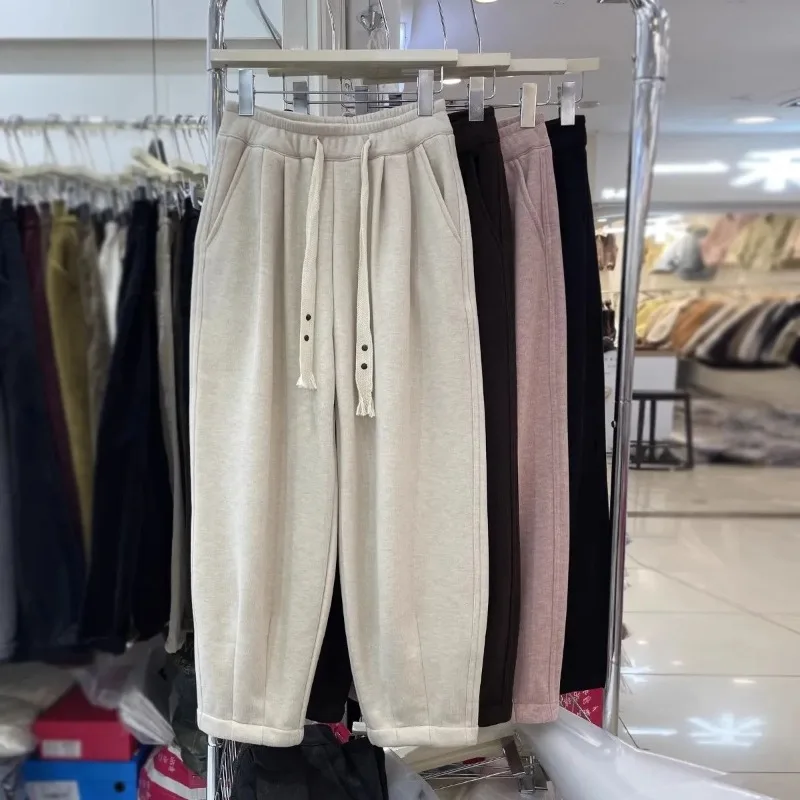 Calça monocromática harém de cintura alta feminina, calça casual com tudo que combina com lã, solta e simples, senhora do escritório, roupas de outono e inverno