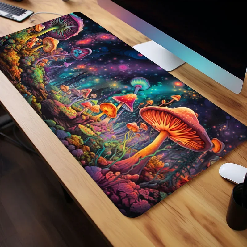 Grande mouse pad para jogos, cogumelo vibrante, base de borracha antiderrapante, colorido, 40x90, tapete para teclado de escritório com céu noturno fantasia