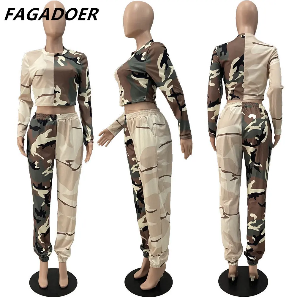 FAGADOER Camouflag Patchwork Two Piece Sets Women Tracksuit  Long Sleeve Pullovers And sweatpants Sets Outfit Fashion Streetwear