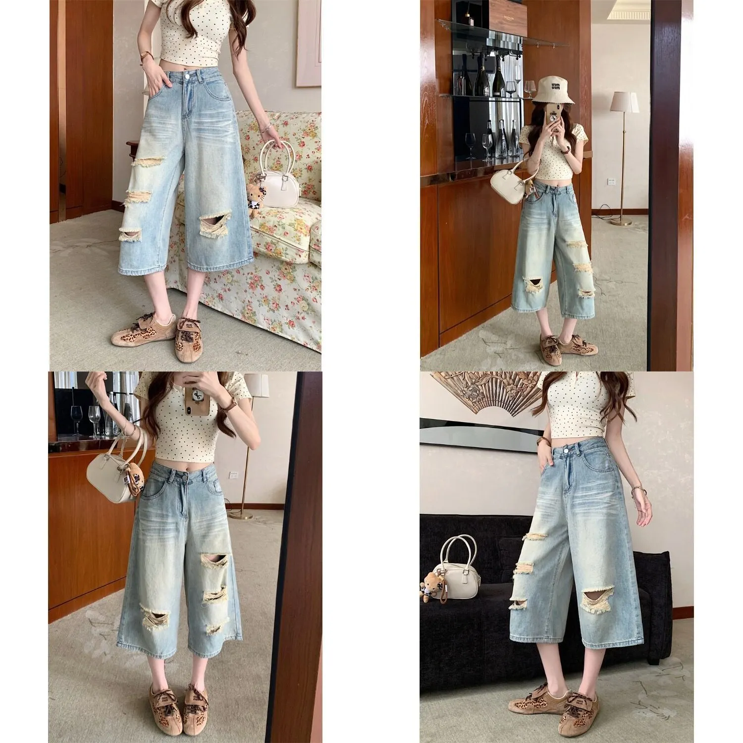 Retro Ripped High Waist Wide Leg Jeans for Women Summer Washed Loose Straight Cropped Denim Pants