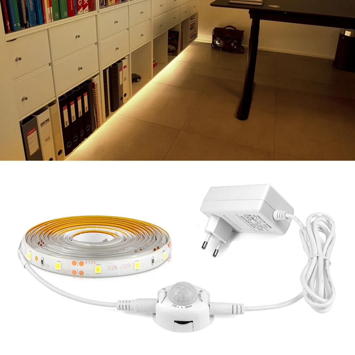 Armário de luz led 1m-5m com sensor de movimento pir luz noturna 12v 2835 tira led para cozinha quarto banheiro escada lâmpada inteligente