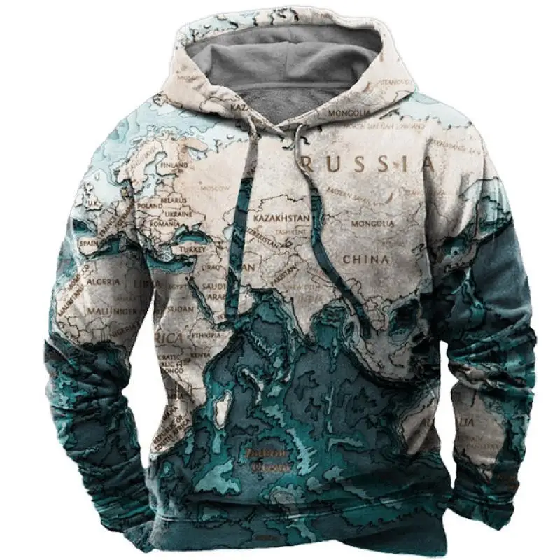 Vintage Hoodies Mens Hooded Sweatshirts Nautical Print Pullover Winter Loose Harajuku Clothes Casual Long Sleeve Streetwear Tops