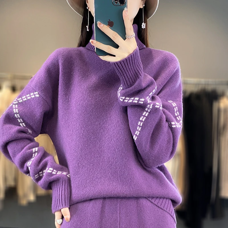 RONGYI Women Suits 100% Wool Knitting Pant Ladies Sweater+Wide Leg Pants Autumn Winter Solid Color Soft Warm Pullovers Female