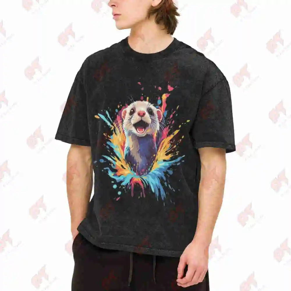 Ferret Splash Paint Watercolor Vintage Washed Tee Pure Cotton T-Shirt