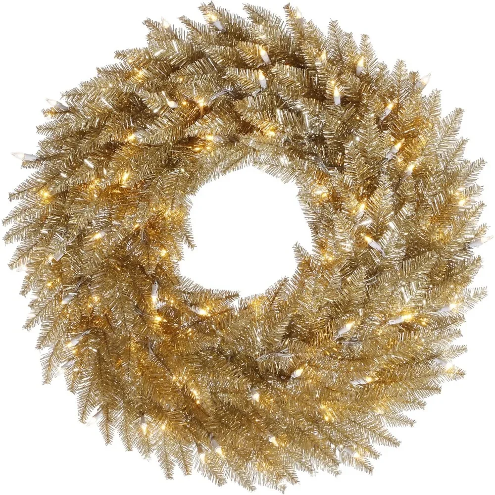 

36" Champagne Fir Artificial Christmas Wreath with Warm White Dura-Lit LED Lights - Festive Faux Fir Holiday Decoration