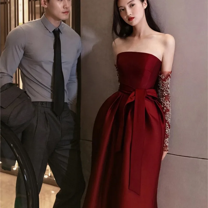 Evening Dress Women's Light Luxury Wine Red High-Grade Host Banquet Tube Top Satin Fishtail Toast