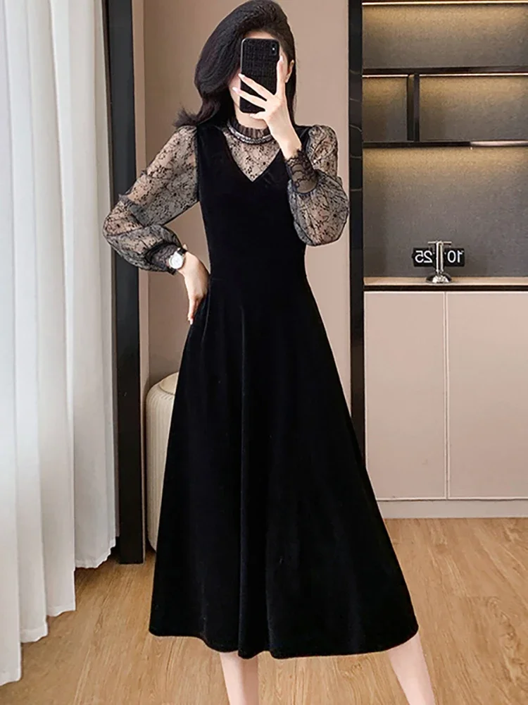 Koreańska sukienka damska Vintage Luxury Eveing Dress Autumn Winter Black Velvet Patchwork Mesh Sheer Dress 2024 Elegancka sukienka imprezowa Bodycon