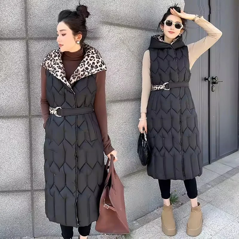 جديد الخريف الشتاء طويل أسفل القطن سترة المرأة ملابس خارجية الكورية فضفاض ليوبارد طباعة سترة دون أكمام سترة معطف صدرية الإناث #3