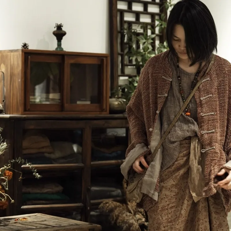 Women Yarn-dyed Linen Frog Buttons Jacket Femme Rough Textured Vintage Chinese Style Loose Oriental Outerwear Autumn Zen Wear