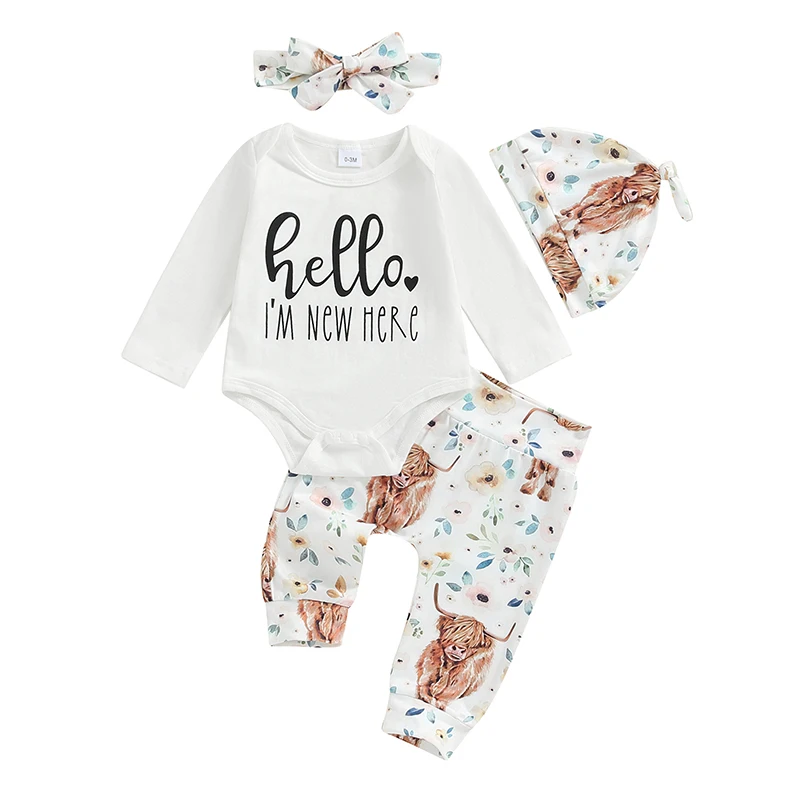 

Baby Girl Fall Outfits Letter Print Crew Neck Long Sleeve Romper Highland Cow Print Long Pants Headband Hat 4Pcs Clothes Set