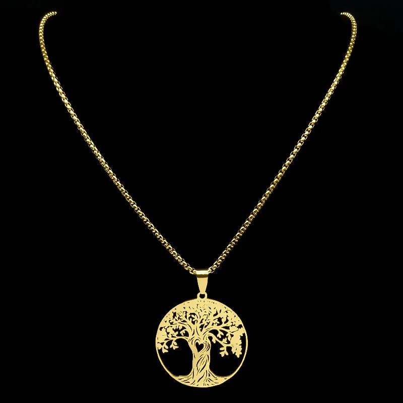 Collar de corazón de amor de árbol de la vida estético para mujeres y hombres, acero inoxidable, Color dorado, amuleto de la suerte, cadena, collar