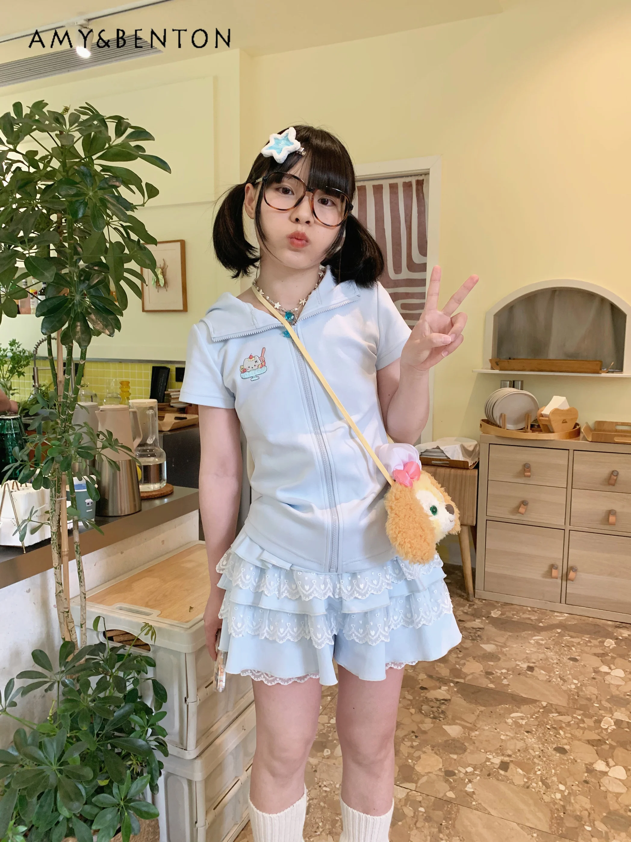 Kawaii Cartoon Print Cute Rabbit Ears Hooded Short-sleeved Zipper Top Mini Skirt Two-piece Set Women Summer Subculture Outfits