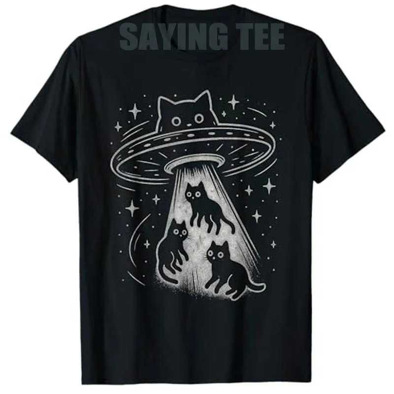 

Funny Cat UFO Cute Kitty Space Spaceship Alien Aesthetic T-Shirt Y2k Design Kitten in Space-Ship Graphic Outfit Novelty Tee Tops