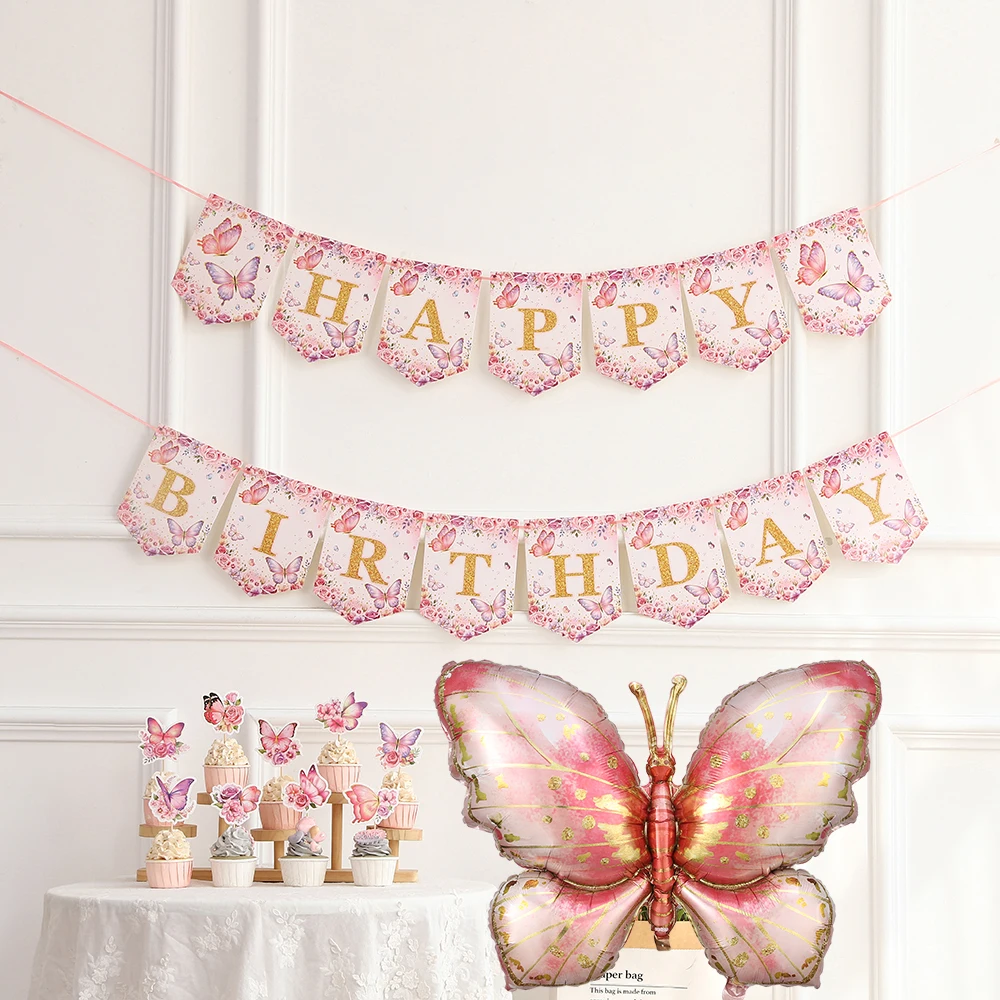 

Pink Butterfly Banner Aluminum Foil Balloon Butterfly Flower Cake Toppers Photo Frame Flag Baby Shower Birthday Party Supplies