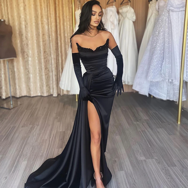 

Thinyfull Sexy Mermaid Prom Evening Dresses Black Sequines Satin Party Prom Dress Without Gloves Cocktail Prom Gowns Custom Size