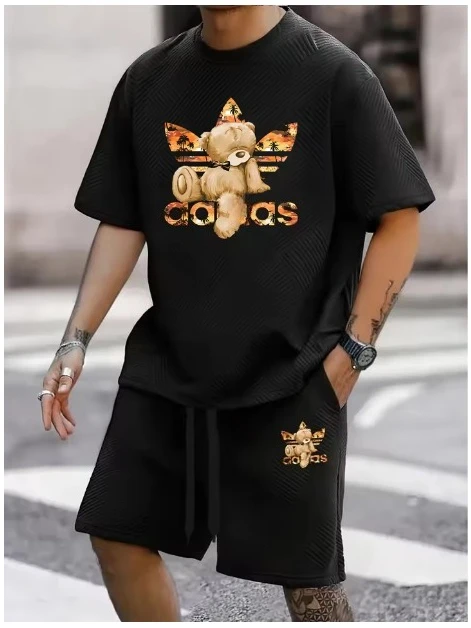 

Fashion Leisure and Vacation Sports Brand 2 Sets, Summer New Geometric Jacquard Fabric Men's Short-sleeved T-shirt Shorts