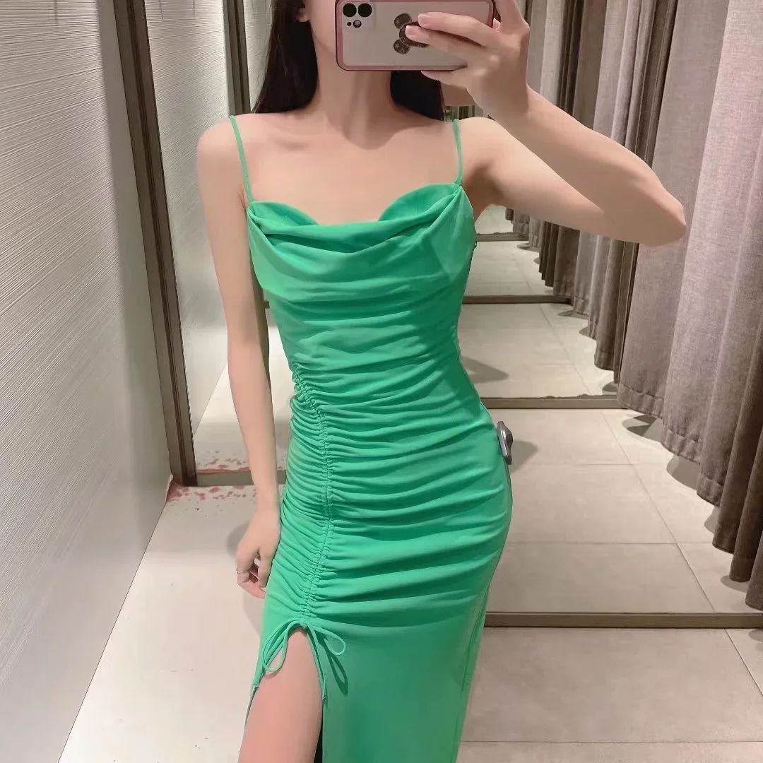 Woman Sexy Slip Dress Drawstring 2024 New Elegant Sleeveless Back Zipper Party Dress Female Fashion