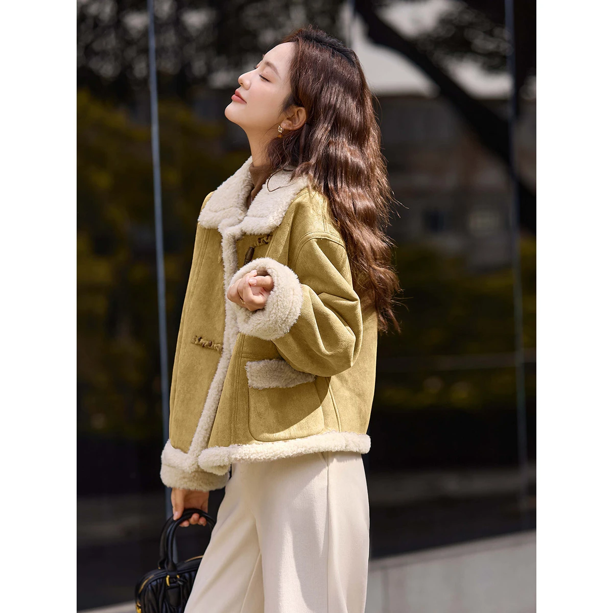 VIMLY mode Faux cuir vestes pour femmes rétro corne bouton polaire doublé vêtements d'extérieur col montant chaud dame manteaux 30615