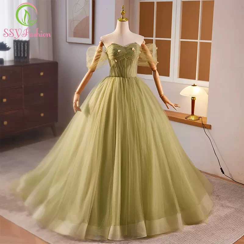 

SSYFashion New Fresh Green Evening Dress Sweetheart A-line Flower Beading Party Formal Gowns for Women Vestidos De Noche