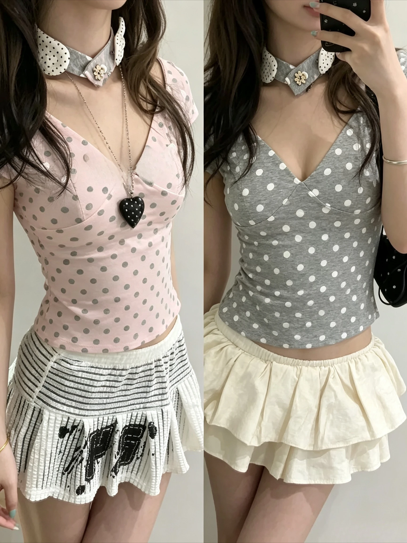 Sweet Polka Dot V Neck Short Sleeve Tee Pink Grey Two Colors Detachable Choker With Angel Wing Detail Slim Fit Casual Summer Top