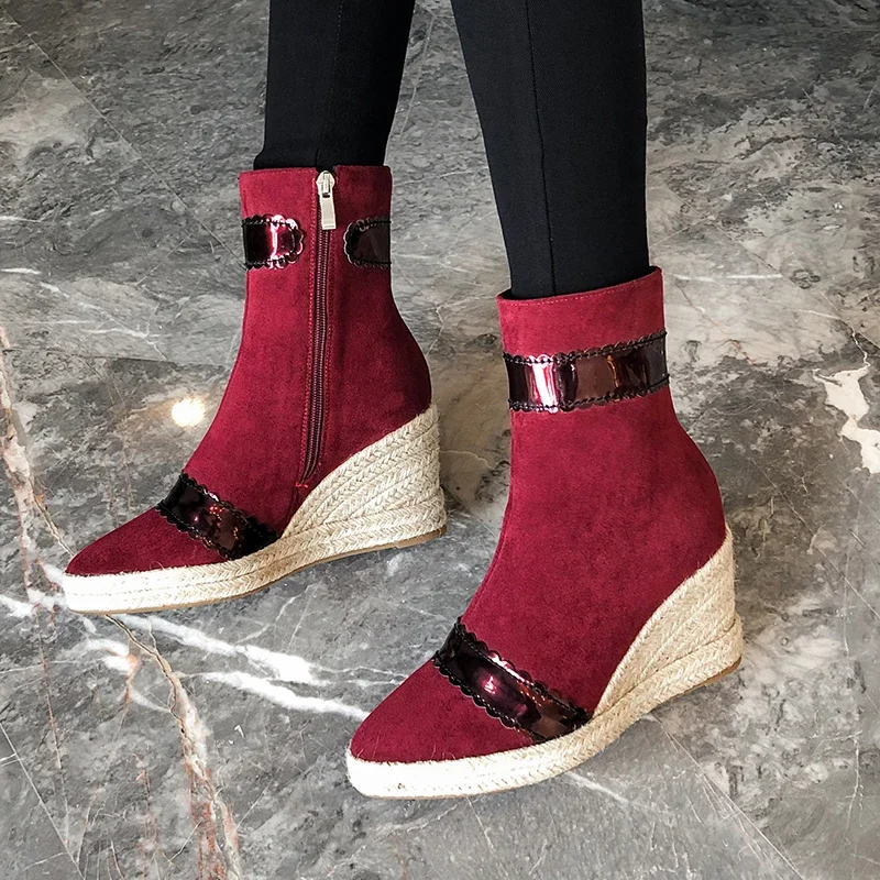 Female High Quality Faux Suede Ankle Boots Women\'s Hemp Rope Straw Platforms Wedges Boots Woman Autumn Fall Shoes Ladies Booties