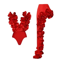 Red 3D Flower One Piece Swimsuit e Saia Set para Mulheres, Sexy Beach Dress, Maiô, Monokini Swimwear, 2022, 2 pcs