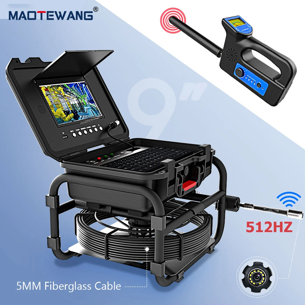 Sewer Pipe Inspection Camera, 9Inch Screen, 5mm Diameter and Self-Leveling, 512HZ Locator, Video and Audio Recording, 5X Image