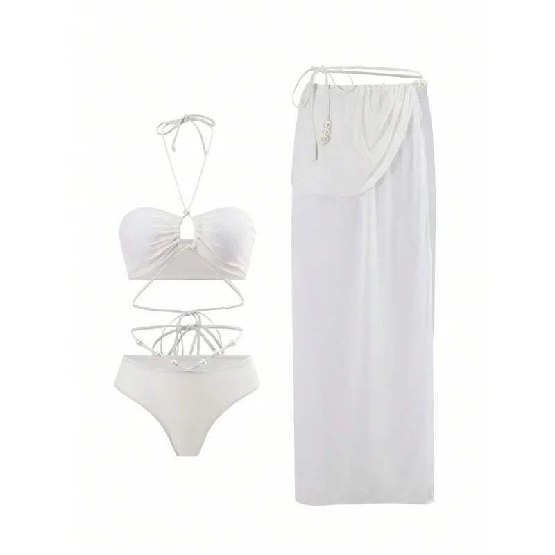 Conjunto de Bikini Sexy para mujer, traje de baño con perlas y cuello Halter, Espalda descubierta, traje de baño con cordones, novedad de 2025, Bikini, ropa de playa de 3 piezas