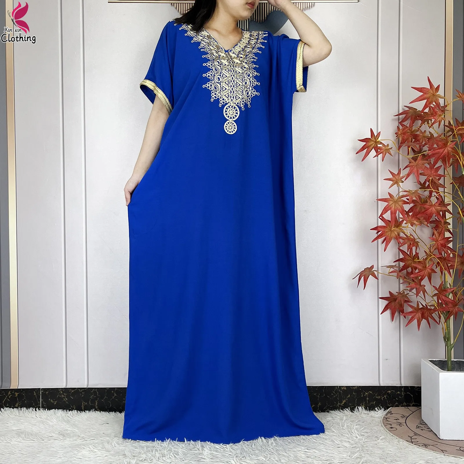 2026 New Summer Short Sleeve African Abaya Cotton Pure Color Embroidery Loose Woman Maxi Islam Tradition Dresses With Headscarf - view 5