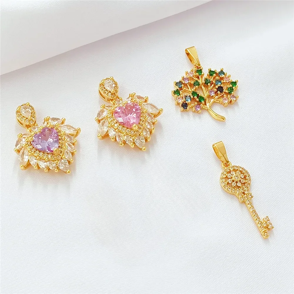 

18K Gold-plated Zircon Tree Heart Key Pendant, Handcrafted Diy Bracelet, Necklace Accessory Material