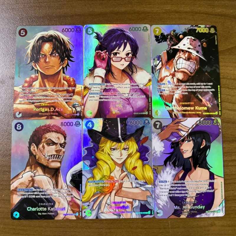 Набор из 6 коллекционных карточек персонажей One Piece: Бартоломео Кума (EB04), Ташиги, Портгас Д. Эйс (OP14), Кавендиш (OP10)