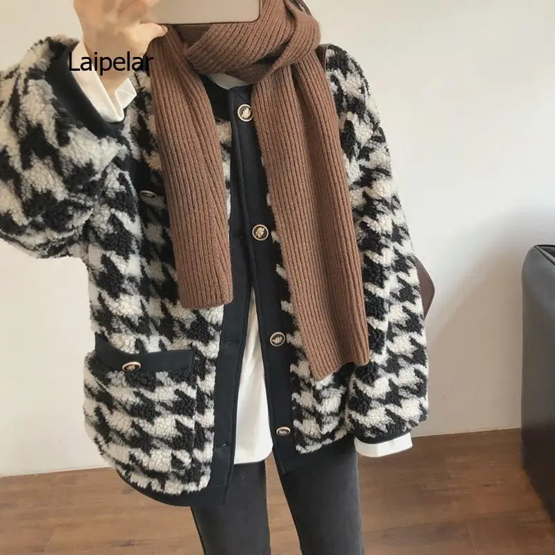 

Lamb wool coat women retro loose round neck thick warm cotton jacket