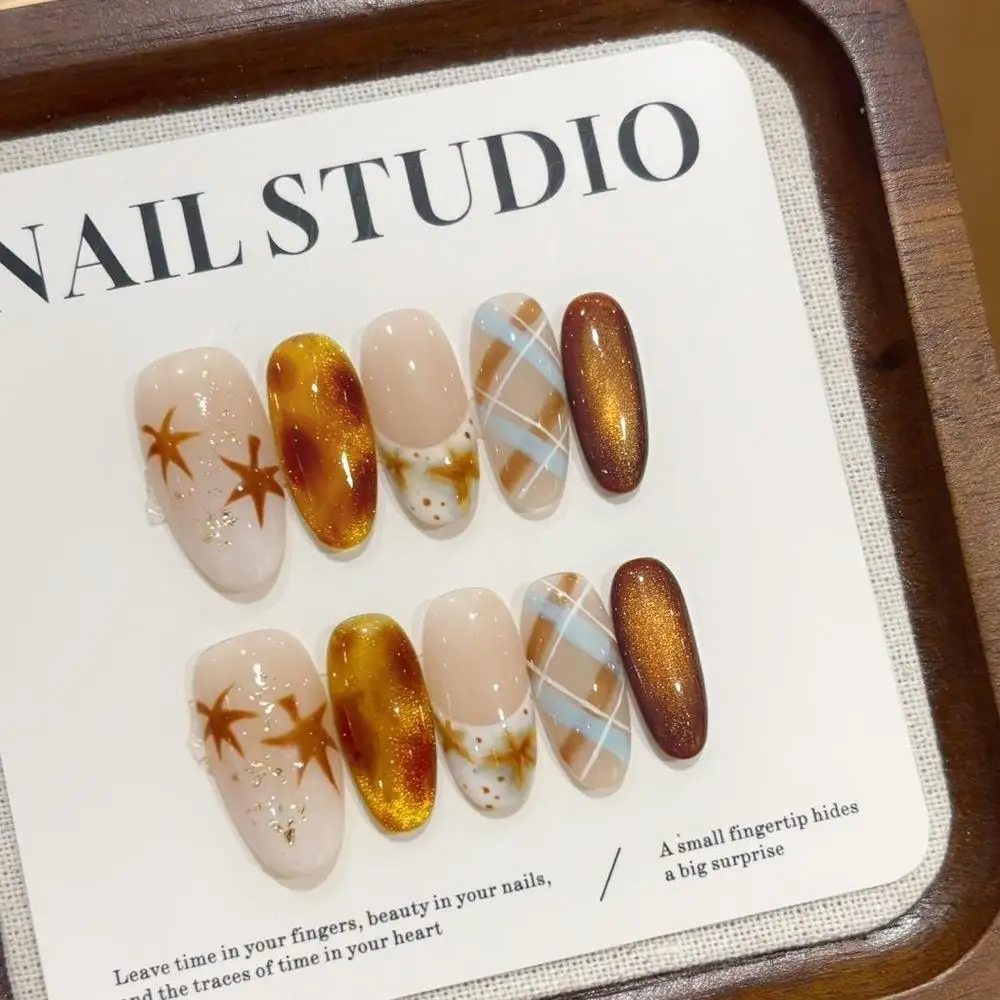 

10 шт., пресс для ногтей ручной работы, янтарная краска, кошачий глаз, кленовый лист, синий, коричневый, клетчатый, накладные ногти для женщин, средний овальный, съемный, носимые ногти