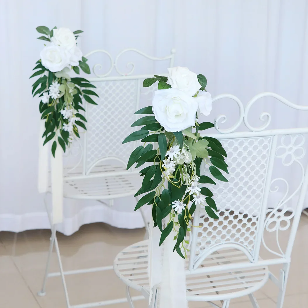 

Boho Wedding Chair Flower Decoration Dusty Rose White Rustic Aisle Artificial Floral Church Chair Decor for Ceremony