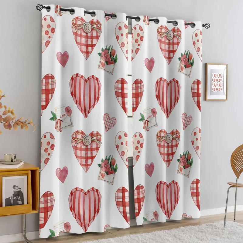 

2Pcs Romantic Valentine's Day Style Floral Heart Print Perforated Blackout Curtains, Multi Size Bedroom Insulation Decoration