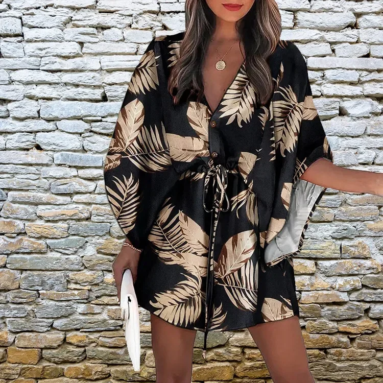 Fashion Batwing Sleeve Print Lace Up Mini Dress for Women Sexy V-Neck Casual Loose Boho Holiday Short Dresses Woman 2025 Summer