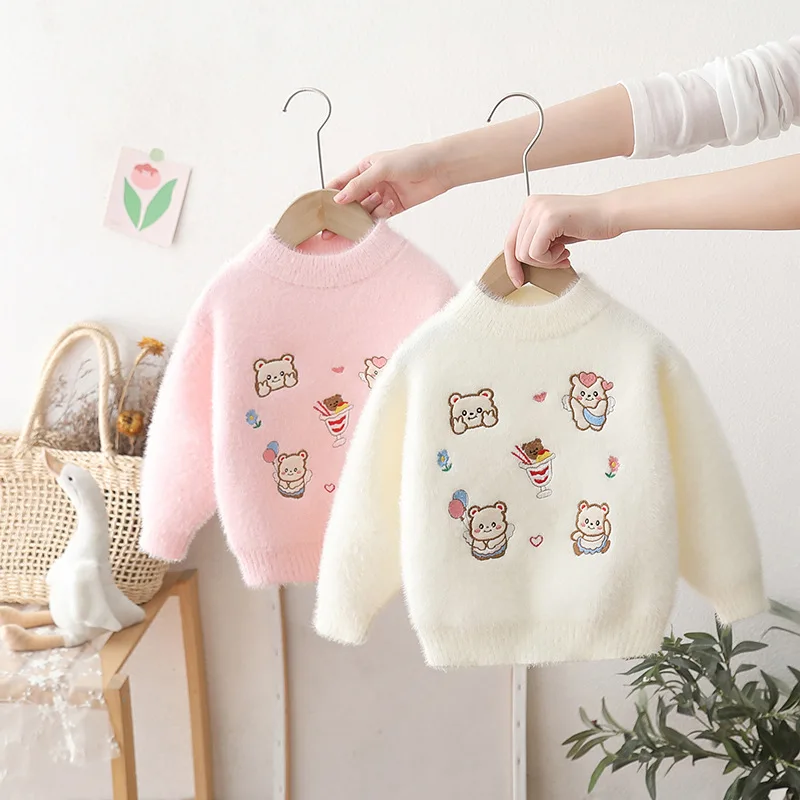 

Теплый свитер, осенне-зимний детский пуловер, милый трикотаж с рисунком медведя для маленьких девочек, детский джемпер для девочек, топы IY12103