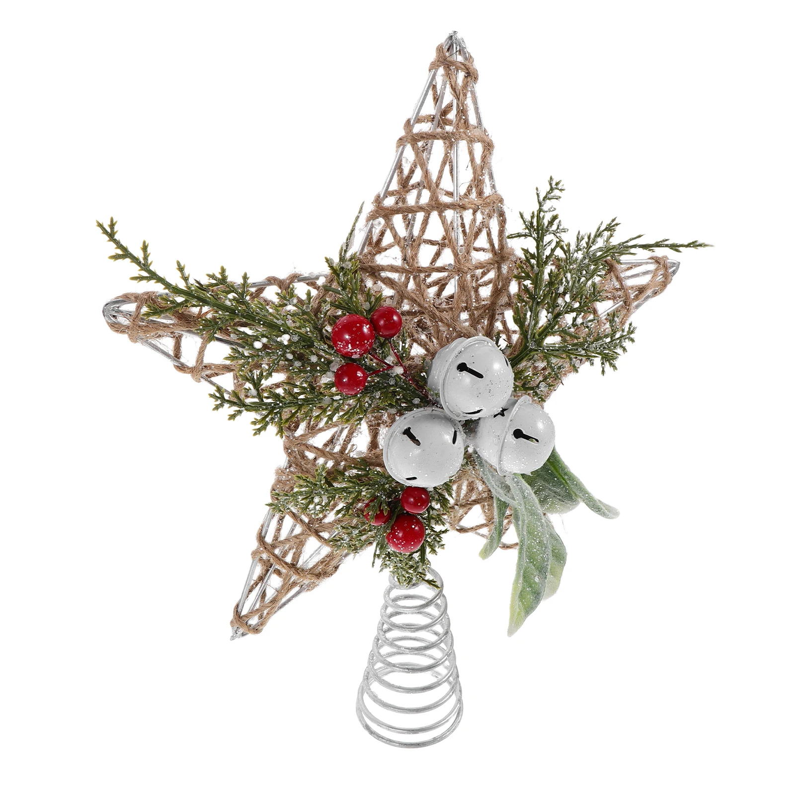 

Rustic Star Tree Topper for Christmas Decoration Handcrafted with Jute Rope and Bells Stable Base Easy Install Reusable Holiday
