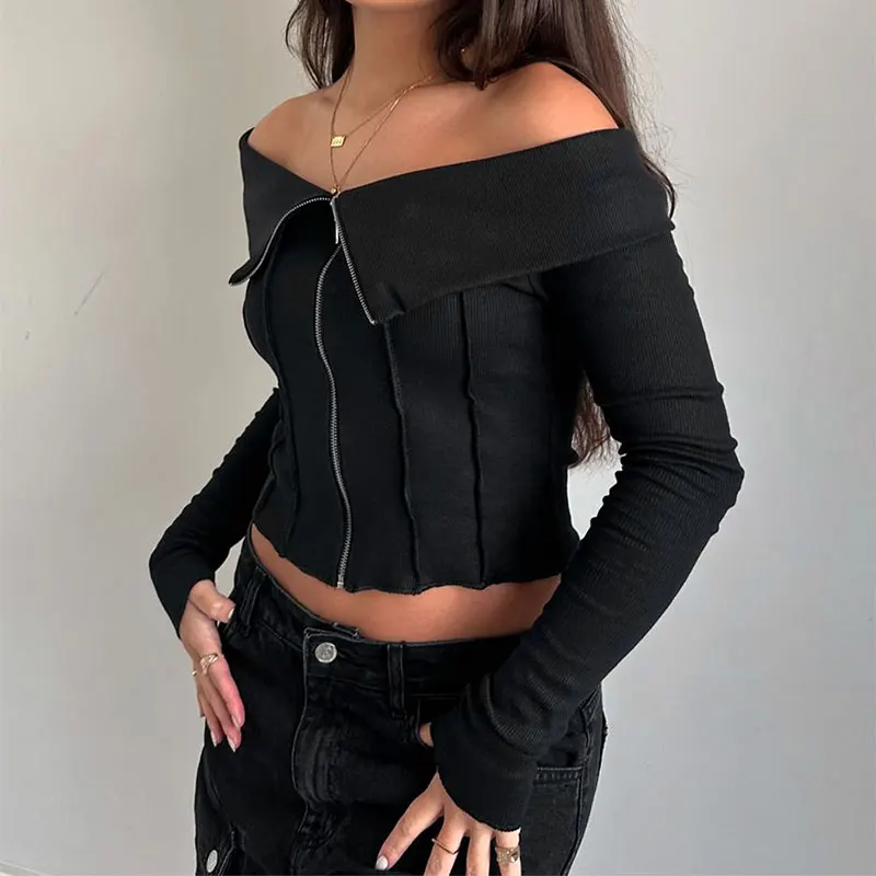 Black Sexy T-shirt New Autumn Women Streetwear Fashion Zippers Long Sleeves Tees Elegant Female Versatile Casual Slim T-shirt