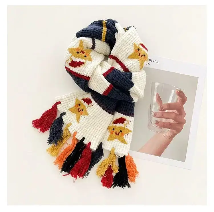 

Милый вязаный шарф в форме звезды для женщин, зимний рождественский студенческий теплый шарф с бахромой для шеи