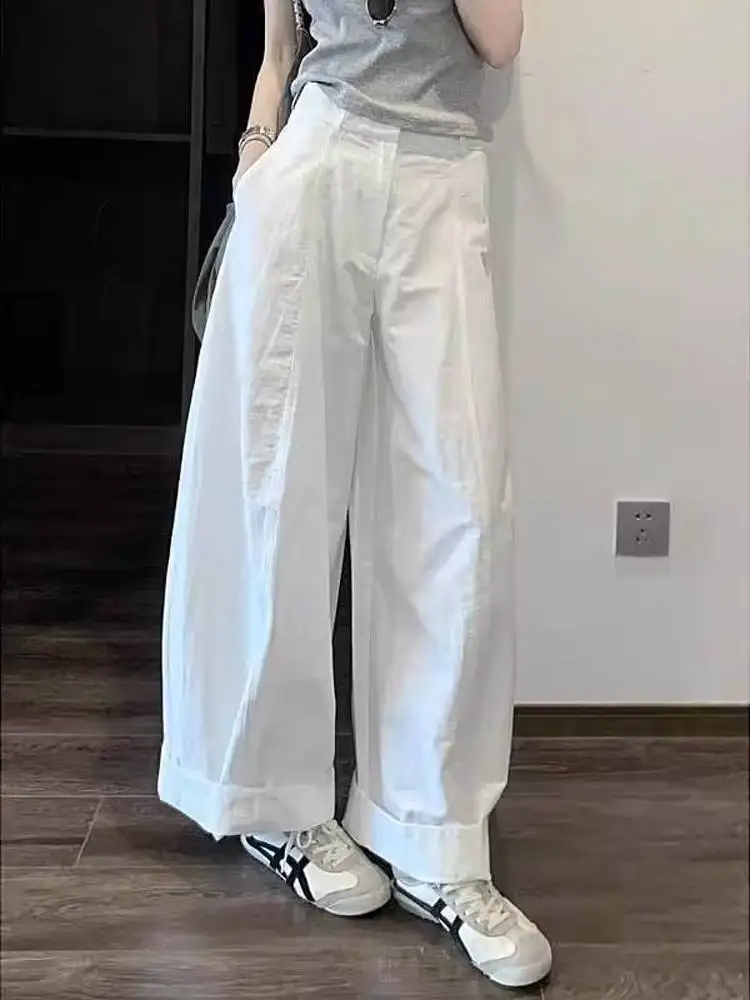 ルーズストレートレッグホワイトワイドレッグパンツ レディースカジュアルパンツ 韓国スタイル ルーズで涼しいワークウェア ハイウエスト