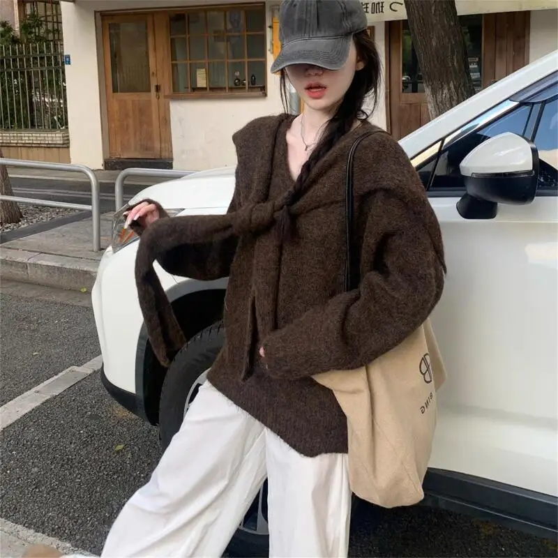 

Spring and Autumn Simple Korean Style Sweater Style Bring A Shawl Commuter Gentle Bow Sweater for Office Workers Lapel Sweater