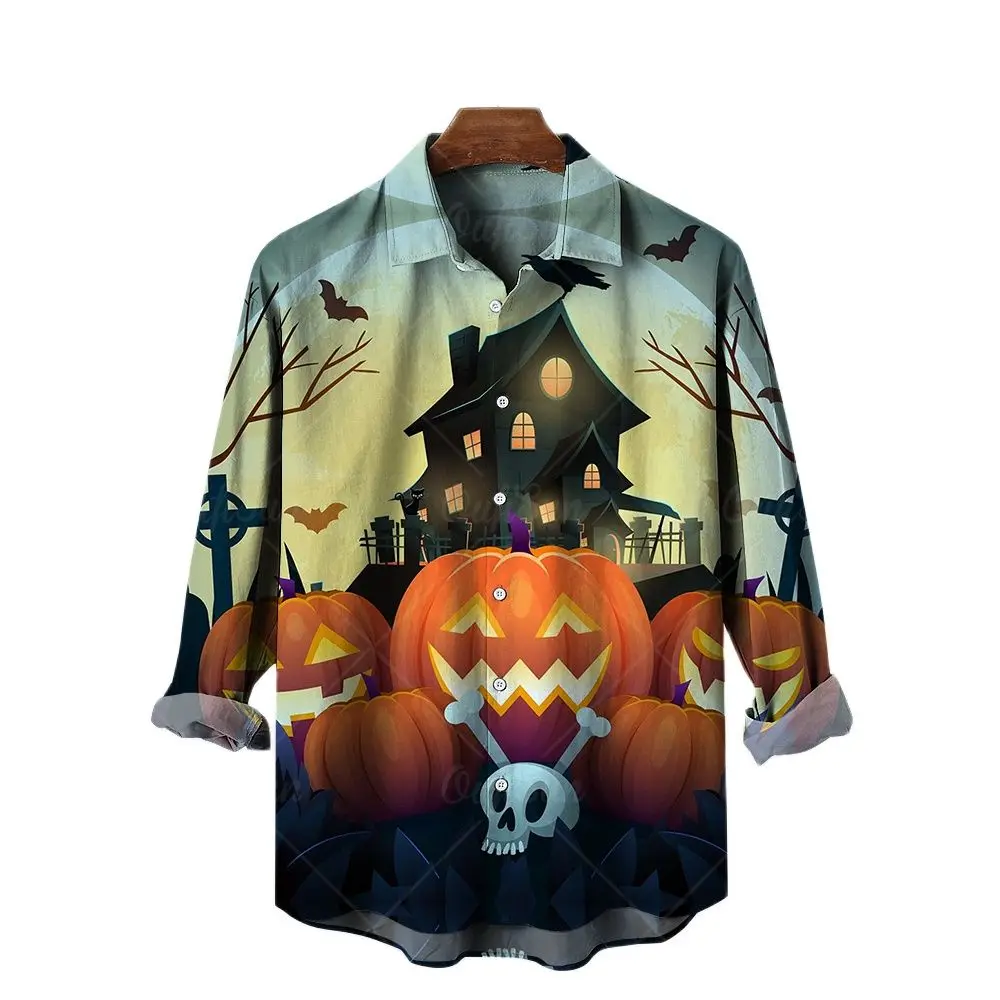 Men's Shirt Halloween Style Printing Fashion Lapel Long-sleeved Shirt  Street Funny Party Dress Up T-shirt Leisure Cardigan Tops