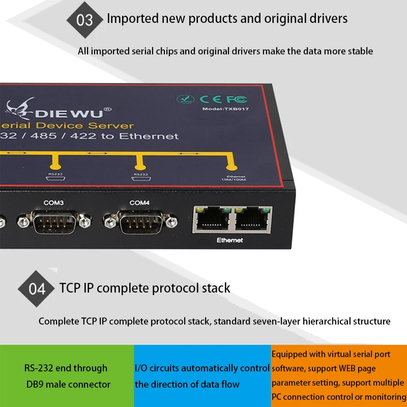 Internet Splitter Extender Serial Device Server 10/100M Serial RS232 RS485 RS422 to Ethernet Converter Ethernet Smart Switcher