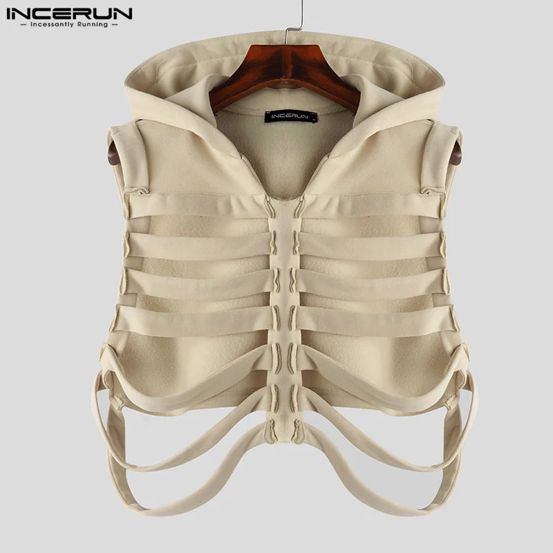 INCERUN Tops 2024 Korean Style New Men\'s Funny Bone Deconstruction Design Vests Casual Personality Solid Hooded Waistcoat S-5XL